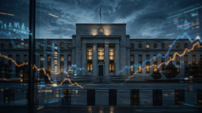 Federal Reserve-style central bank building at dusk reflected through abstract bond-market charts
