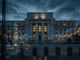 Federal Reserve-style central bank building at dusk reflected through abstract bond-market charts