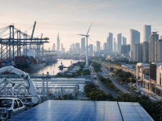 Automated manufacturing, solar panels and container shipping beside a subdued Chinese cityscape, illustrating China’s two-speed economy.