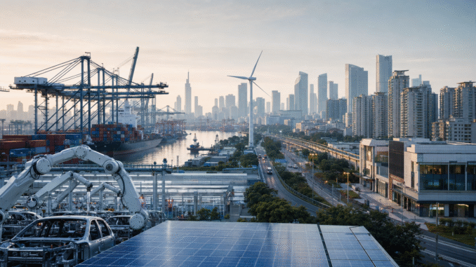 Automated manufacturing, solar panels and container shipping beside a subdued Chinese cityscape, illustrating China’s two-speed economy.
