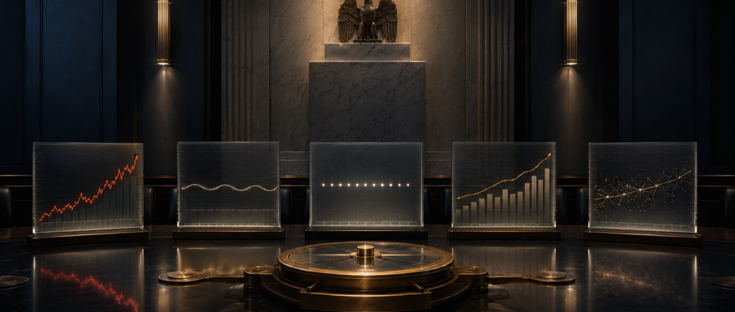A dark institutional policy room with five illuminated financial data panels surrounding a central balance mechanism, symbolising a divided Federal Reserve holding rates steady.