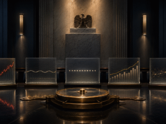 A dark institutional policy room with five illuminated financial data panels surrounding a central balance mechanism, symbolising a divided Federal Reserve holding rates steady.