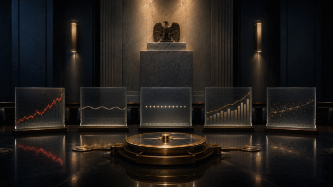 A dark institutional policy room with five illuminated financial data panels surrounding a central balance mechanism, symbolising a divided Federal Reserve holding rates steady.