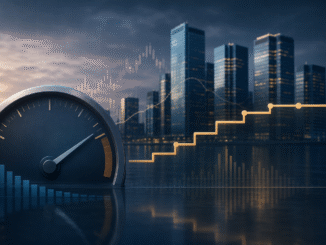 Financial district with a cooling inflation gauge and an elevated interest-rate line