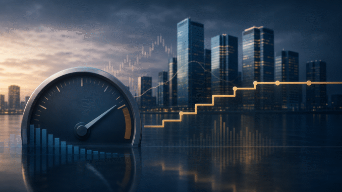 Financial district with a cooling inflation gauge and an elevated interest-rate line