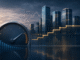 Financial district with a cooling inflation gauge and an elevated interest-rate line