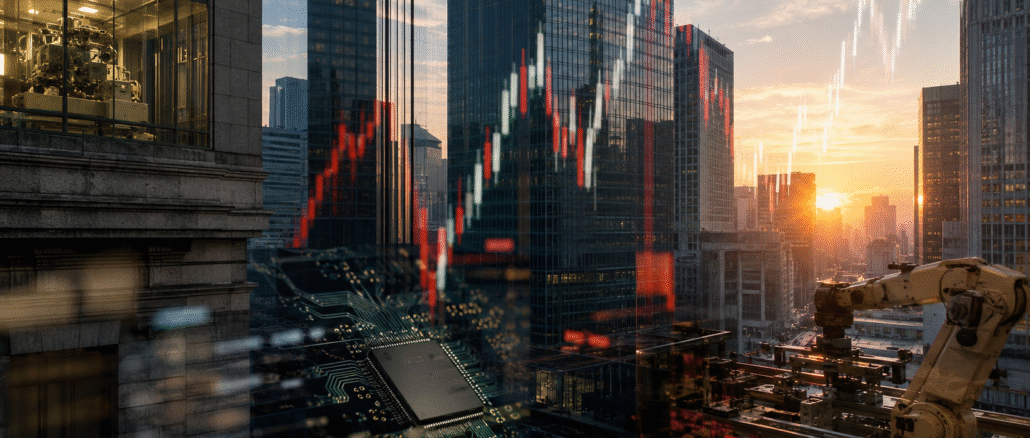 Tokyo’s financial district at sunrise overlaid with semiconductor, industrial automation and market-chart imagery.