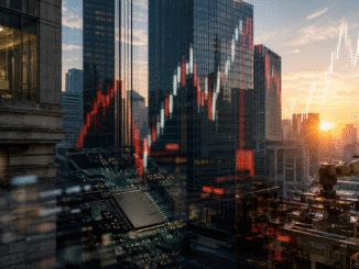 Tokyo’s financial district at sunrise overlaid with semiconductor, industrial automation and market-chart imagery.