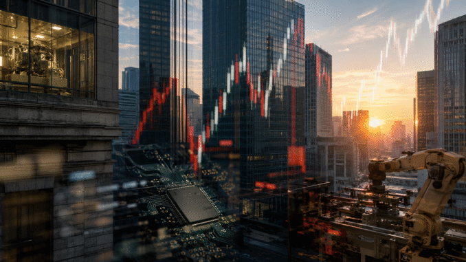 Tokyo’s financial district at sunrise overlaid with semiconductor, industrial automation and market-chart imagery.