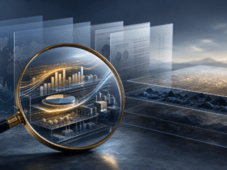 A magnifying glass reveals cash flow, business operations and financial fundamentals beneath layered market data.