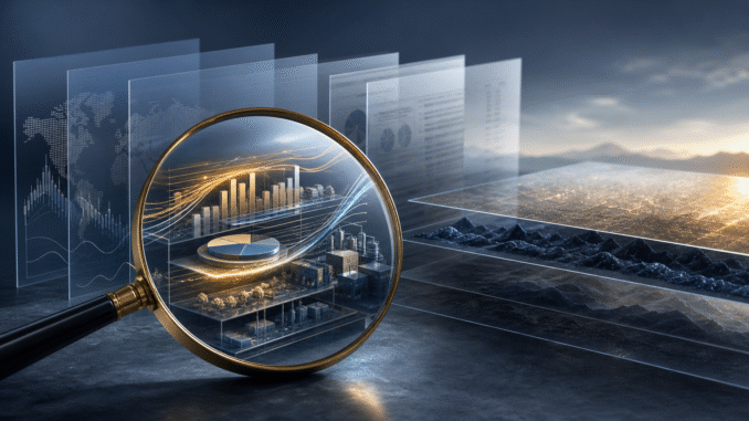 A magnifying glass reveals cash flow, business operations and financial fundamentals beneath layered market data.