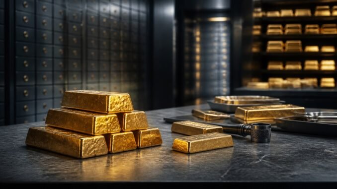 Gold bars arranged on an assay table inside a secure institutional vault