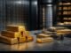 Gold bars arranged on an assay table inside a secure institutional vault
