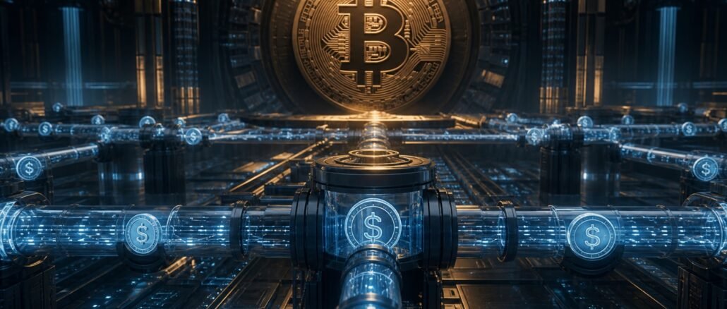 A large Bitcoin coin above a network of illuminated blue settlement pipes carrying dollar-linked digital tokens.
