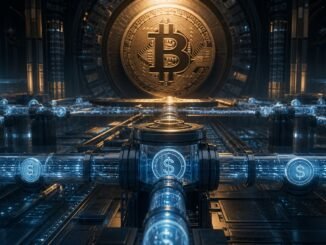 A large Bitcoin coin above a network of illuminated blue settlement pipes carrying dollar-linked digital tokens.