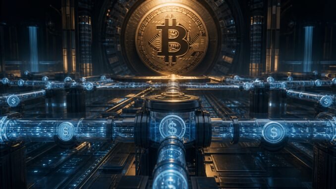 A large Bitcoin coin above a network of illuminated blue settlement pipes carrying dollar-linked digital tokens.