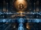A large Bitcoin coin above a network of illuminated blue settlement pipes carrying dollar-linked digital tokens.