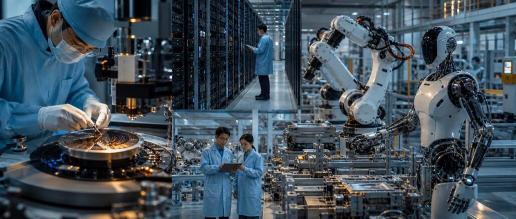 Engineers work across semiconductor fabrication, data-centre infrastructure and an automated factory with industrial and humanoid robots.
