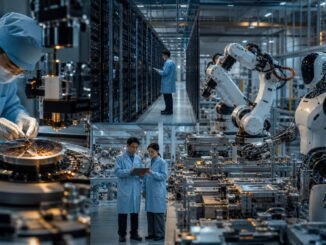 Engineers work across semiconductor fabrication, data-centre infrastructure and an automated factory with industrial and humanoid robots.