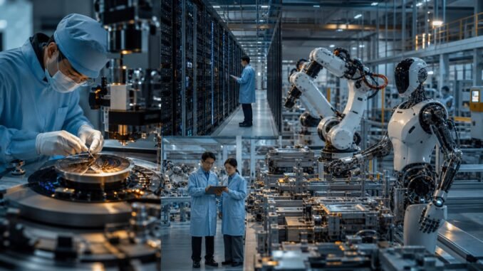 Engineers work across semiconductor fabrication, data-centre infrastructure and an automated factory with industrial and humanoid robots.