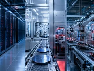 Data-centre servers, semiconductor manufacturing and industrial robots representing China’s AI technology industry.