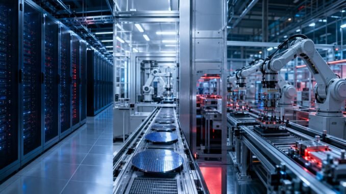 Data-centre servers, semiconductor manufacturing and industrial robots representing China’s AI technology industry.