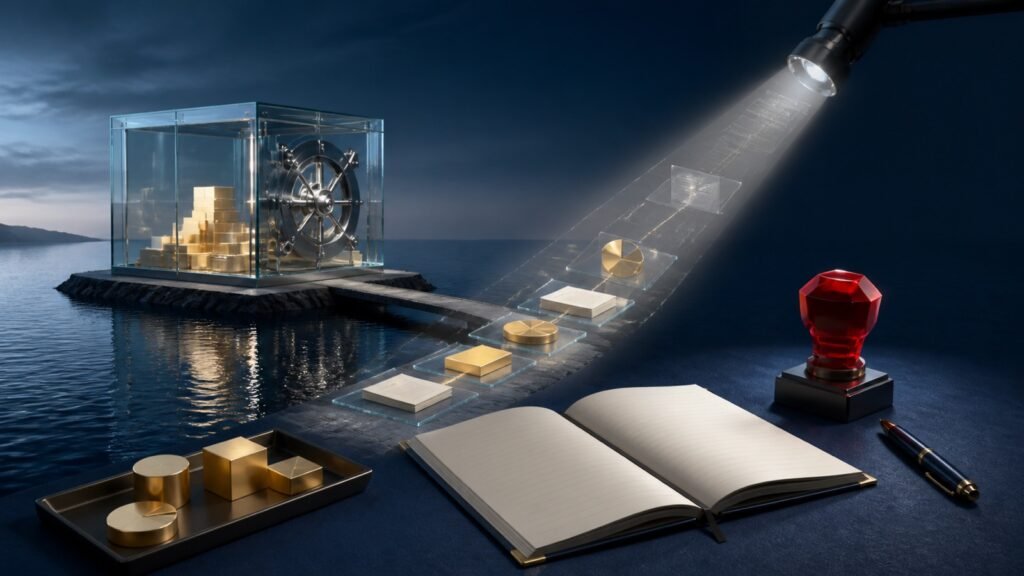 A transparent offshore vault linked to financial assets and an illuminated compliance ledger.