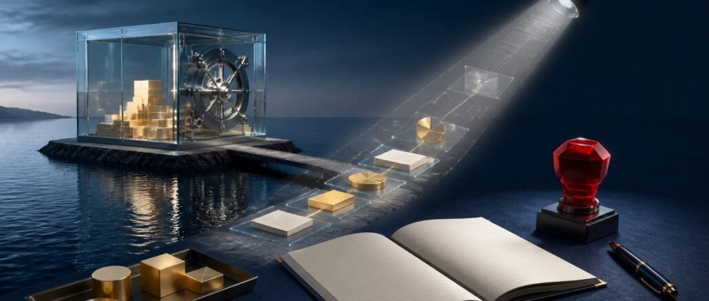 A transparent offshore vault linked to financial assets and an illuminated compliance ledger.