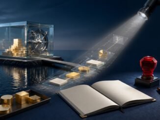 A transparent offshore vault linked to financial assets and an illuminated compliance ledger.