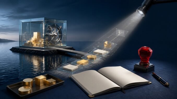 A transparent offshore vault linked to financial assets and an illuminated compliance ledger.