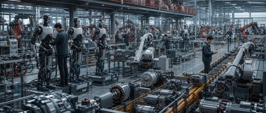 Engineers inspect humanoid robots and industrial robotic arms on a large advanced manufacturing floor in China.
