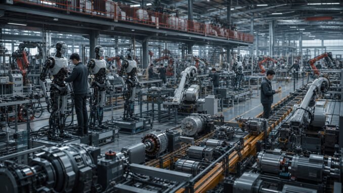 Engineers inspect humanoid robots and industrial robotic arms on a large advanced manufacturing floor in China.
