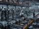 Engineers inspect humanoid robots and industrial robotic arms on a large advanced manufacturing floor in China.