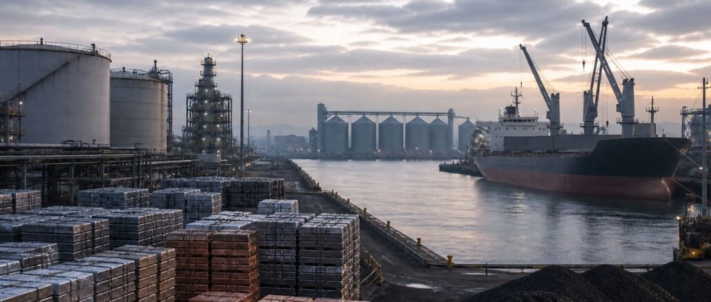 Oil tanks, metal ingots, coal, grain silos and an unmarked cargo ship at an industrial commodities port.
