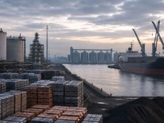 Oil tanks, metal ingots, coal, grain silos and an unmarked cargo ship at an industrial commodities port.