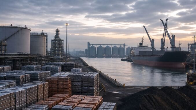 Oil tanks, metal ingots, coal, grain silos and an unmarked cargo ship at an industrial commodities port.