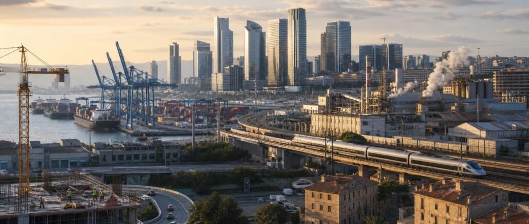 European city economy combining port logistics, rail infrastructure, construction, offices and manufacturing at sunrise