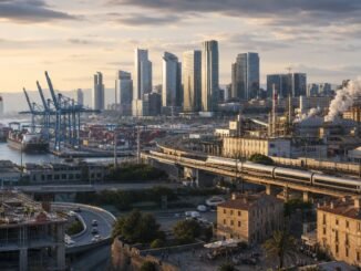 European city economy combining port logistics, rail infrastructure, construction, offices and manufacturing at sunrise