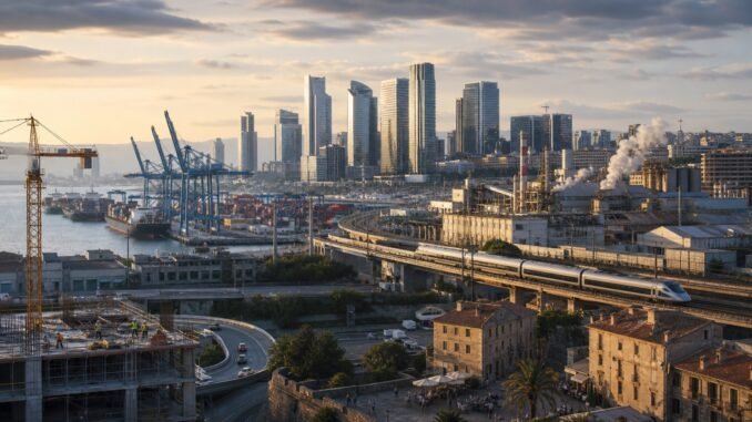European city economy combining port logistics, rail infrastructure, construction, offices and manufacturing at sunrise