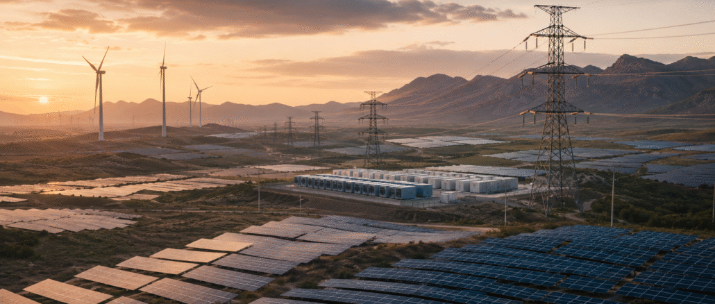 Solar panels, wind turbines, battery storage and transmission lines across a renewable-energy landscape in China at sunrise.