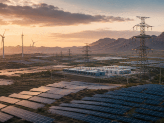 Solar panels, wind turbines, battery storage and transmission lines across a renewable-energy landscape in China at sunrise.