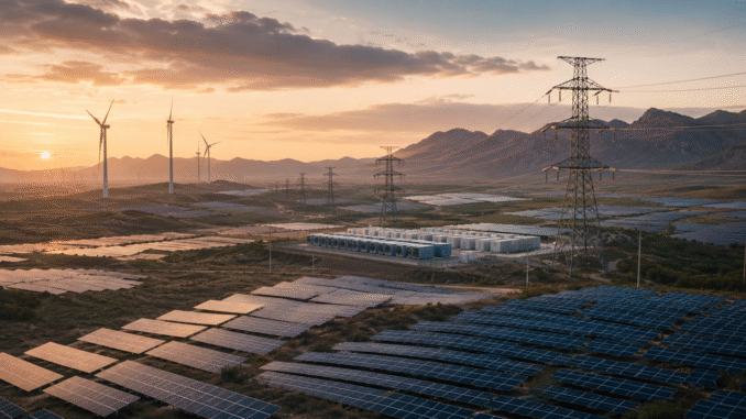 Solar panels, wind turbines, battery storage and transmission lines across a renewable-energy landscape in China at sunrise.