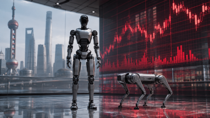 Humanoid and quadruped robots in a modern Shanghai financial-market setting with red trading charts