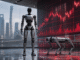 Humanoid and quadruped robots in a modern Shanghai financial-market setting with red trading charts