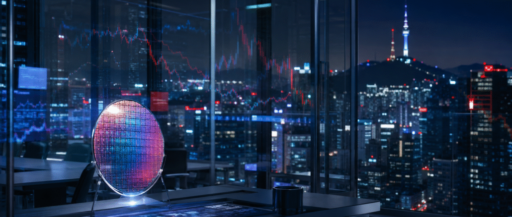 A semiconductor wafer overlooking Seoul’s financial district with reflected red and blue market charts, representing Korea’s AI-led stock rally and volatility.