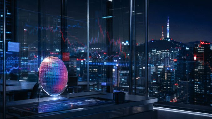 A semiconductor wafer overlooking Seoul’s financial district with reflected red and blue market charts, representing Korea’s AI-led stock rally and volatility.