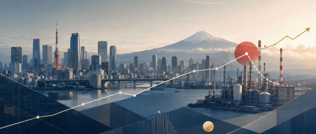 Editorial illustration of Tokyo, industrial infrastructure and financial lines depicting Japan’s economic normalization and energy-price pressures