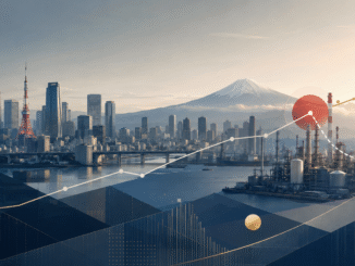 Editorial illustration of Tokyo, industrial infrastructure and financial lines depicting Japan’s economic normalization and energy-price pressures
