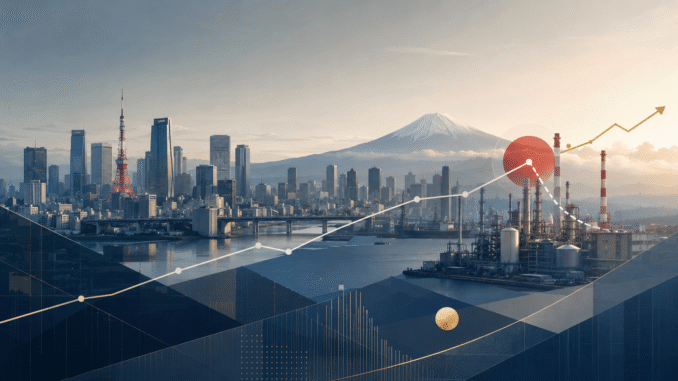 Editorial illustration of Tokyo, industrial infrastructure and financial lines depicting Japan’s economic normalization and energy-price pressures