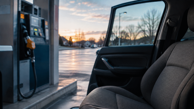 An empty passenger seat in a family car beside a gas pump at dawn, illustrating persistent U.S. energy inflation and pressure on household costs.